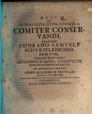 De Veteri Qviritivm Formvla Comiter Conservandi