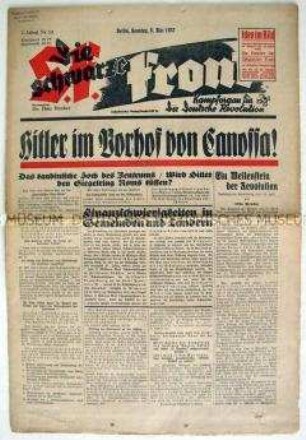 Wochenzeitung der NSDAP-Opposition "Die schwarze Front" mit heftiger Polemik gegen die Politik Hitlers gegenüber dem Zentrum