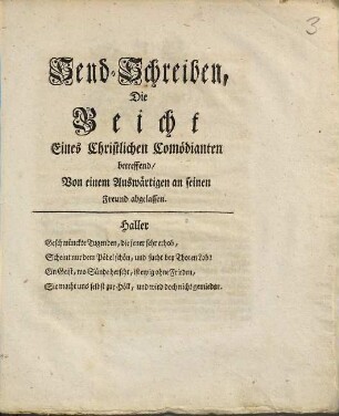 Send-Schreiben, Die Beicht Eines Christlichen Comödianten betreffend