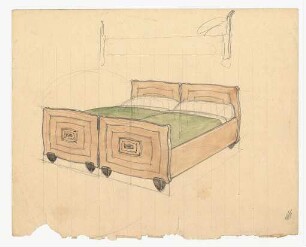 Entwurf eines Doppelbettes : Doppelbett mit Bettzeug und verziertem Bettrahmen; unfertige Skizze über dem Entwurf