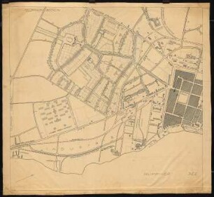 Bebauungsplan der Stadterweiterung, Neuruppin 1. Projekt. Südliche Hälfte: Grund- und Lageplan 1:2500, bestehend aus den Teilplänen H. J. 1123 und 1122