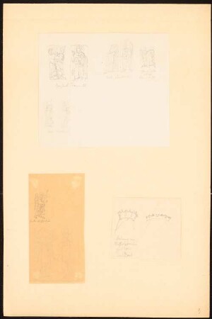 Engel-, Heiligen- und Madonnadarstellungen aus der Kirche Ognissanti in Trani, Monte Sant´Angelo, auf Säule in Gaeta, Città di Castello, aus dem Gutshaus, Wickertsheim, Museum Dresden (?): Zahlreiche Skizzen, auch Rückseite Transparent (drei Blätter mit Nach- oder Durchzeichnungen, nach Alexander Drummond?)