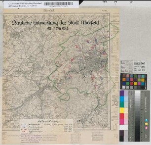 Vorschlag Elberfelds auf Gebietserweiterung. Schematische Schnitte Hardenberg-Elberfeld-Barmen -Ronsdorf; Cronenberg-Elberfeld-Neviges-Velbert; Neviges-Langenberg. Langen 1 : 50.000, Höhen 1 : 2.500. Schematischer Schnitt. Grenze Elberfeld-Cronenberg-Remscheid und Elberfeld-Cronenberg-Solingen. Schematische Darstellung der Nutzungsverhältnisse nach dem Flächenaufteilungsplan I. Stadt Elberfeld II. Vohwinkel, Gruiten, Schöller, z.T. Wülfrath III. Stadt Neviges IV. Stadt Cronenberg. Graphische Darstellung der Nutzungsverhältnisse nach dem Flächenaufteilungsplan. V. Gesamtfläche ausschließlich Elberfeld VI. Gesamtfläche einschließlich Elberfeld. Vohwinkel, Cronenberg. Bauliche Entwicklung der Stadt Elberfeld 1 : 25.000. 1909-27. Bauliche Entwicklung von Vohwinkel 1907- 29. Bauliche Entwicklung von Cronenberg. Bauliche Entwicklung von Neviges. Grundbesitzplan Elberfeld, Vohwinkel, Neviges, Cronenberg. Anlagen Nr. 14-29 zum Bericht des Oberbürgermeisters der Stadt Elberfeld von 20. April 1928 betr. kommunale Neugliederung