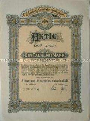 Aktie der Schantung-Eisenbahn-Gesellschaft über 1000 Reichsmark
