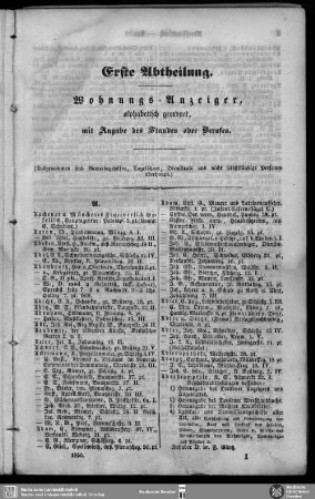 Einwohnerverzeichnis : Erste Abtheilung. Wohnungs-Anzeiger, alphabetisch geordnet, mit Angabe des Standes oder Berufes