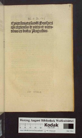 Epigra[m]mata sancti Prosperi ep[iscop]i regiensis de vicijs et virtutibus ex dictis Augustini