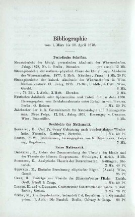 Bibliographie vom 1. März bis 30. April 1878.