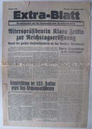 Sonderdruck der Reichstagsfraktion der KPD u.a. zum Eintreffen von Klara Zetkin in Berlin zur Eröffnung des Reichstages in ihrer Funktion als Alterspräsidentin