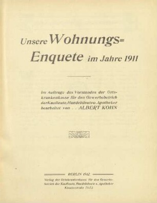 1911: Unsere Wohnungs-Enquete im Jahre ...