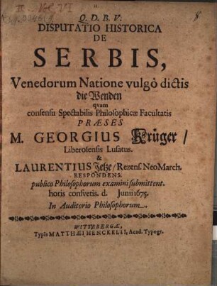 Disp. hist. de Serbis, Venedorum natione, vulgo dictis die Wenden