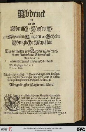 Allerdurchleuchtigster / Großmächtigst = und Unüberwindlichster Römischer Käyser [...]