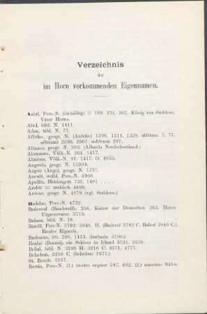 Verzeichnis der im Horn vorkommenden Eigennamen.