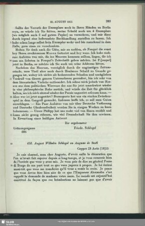 August Wilhelm von Schlegel an Auguste Louis de Staël-Holstein, Coppet, 23.08.1815