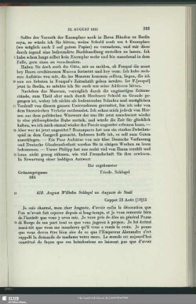August Wilhelm von Schlegel an Auguste Louis de Staël-Holstein, Coppet, 23.08.1815