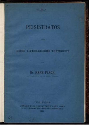 Peisistratos und seine litterarische Thätigkeit