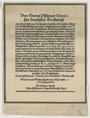 Thiersch, Friedrich von; München; Satzung "Der Hans Pfitzner Verein für deutsche Tonkunst" - Satzung