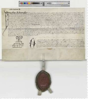 Propst Jacob Schomaker transsumiert Präsentationsurkunden und investiert in eine Vikarie am Ursule Altar zu St. Johannis. Notar Nicolaus Steman [lat].