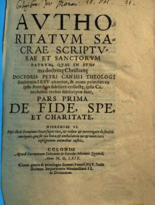 Avthoritatvm Sacrae Scriptvrae Et Sanctorvm Patrvm, 1. De Fide, Spe et Charitate