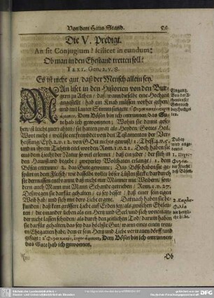 Die V. Predigt. An sit Conjugium? scilicet in eundum: Ob man in den Ehestand treten sol?