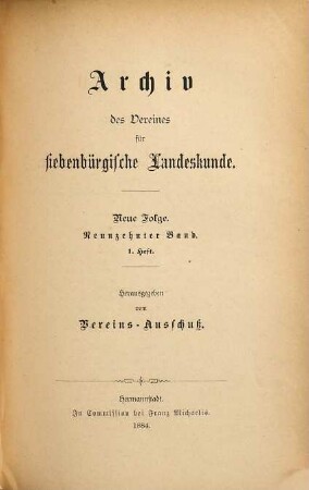 Archiv des Vereins für Siebenbürgische Landeskunde. 19. 1884