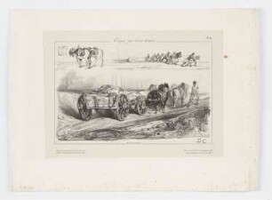 Skizzenblatt mit zwei gesattelten Pferden, Karren mit Pferdegespann und Männer, die ein Boot ziehen, Blatt 39 der Folge "Croquis par divers artistes"