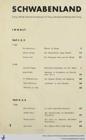 8. Jhrg.: Schwabenland: kulturpolitische Zeitschrift für den Gau Schwaben ; "Schwäbisches Museum ... Jg. ; "Schwäbische Naturkunde" ... Jg.