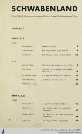 8. Jhrg.: Schwabenland: kulturpolitische Zeitschrift für den Gau Schwaben ; "Schwäbisches Museum ... Jg. ; "Schwäbische Naturkunde" ... Jg.