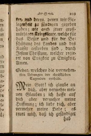 Gebet, welches die vornehmsten Uebungen der christlichen Tugenden enthält.