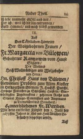 IX. Auff Den Tödtlichen Hintritt Der Wolgebohrnen Frauen/ Fr. Margareta von Bülowen ...