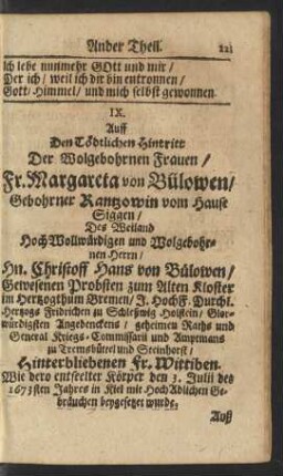 IX. Auff Den Tödtlichen Hintritt Der Wolgebohrnen Frauen/ Fr. Margareta von Bülowen ...
