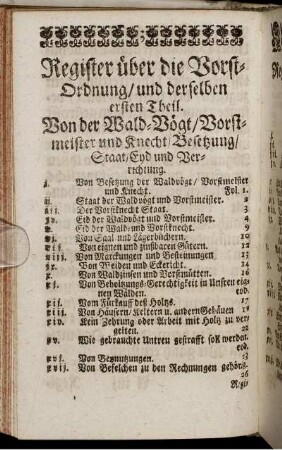 Register über die Vorst-Ordnung/ und derselben ersten Theil.
