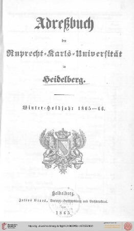 Verzeichnis der sämmtlichen Studierenden der Universität Heidelberg im Wintersemester 1865/1866 bis Sommersemester 1870