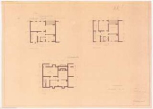 Gartenanlage Brühler Straße (Wohnungen für Belgische Besatzungsangehörige), Köln: Haus Typ XR: Grundrisse Keller-, Erd- und Obergeschoss 1:100