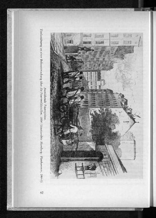 Ausrückende Feuerspritze. Titelzeichnung zu einer Bekanntmachung über die Feuermeldestellen. 1864 (Staatsarchiv Hamburg: Plankammer, 244-3).