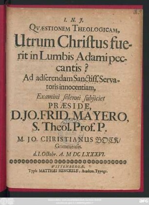 Quaestionem Theologicam, Utrum Christus fuerit in Lumbis Adami peccantis?