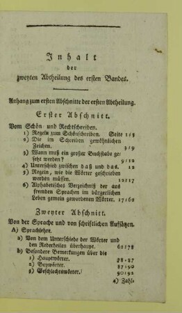 Inhalt der zweyten Abtheilung des ersten Bandes