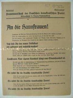 Flugblatt des Frauenausschusses der Deutschen demokratischen Partei mit Wahlaufruf
