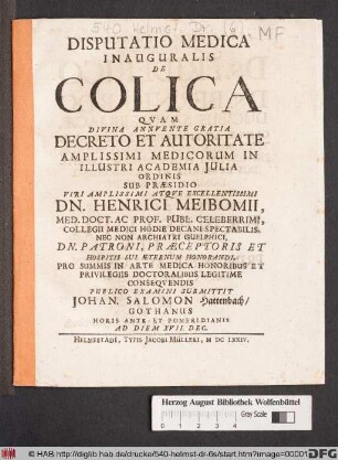 Disputatio Medica Inauguralis De Colica
