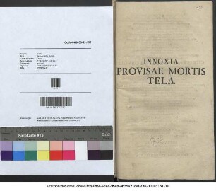 Innoxia Provisae Mortis Tela [Lat. Nachruf auf Christian Gottlob Gnuge, Hofbeamter auf Schloß Friedenstein, gest. 14.01.1732]