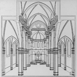Florenz, Dom S. Maria del Fiore, Blick durch das Langhaus zum Chor (schematische Zeichnung); Arnolfo di Cambio; Giotto di Bondone; Brunelleschi, Filippo