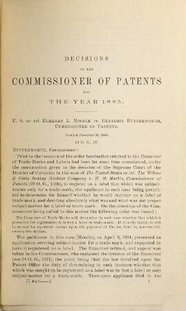 Decisions of the Commissioner of Patents and of the United States courts in patent and trade-mark and copyright cases : comp. from vols. ..., incl., of the official gazette of the U.S. Patent Office during the year .... 1885