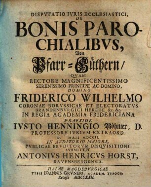 Disp. iuris eccl. de bonis parochialibus, von Pfarr-Güthern