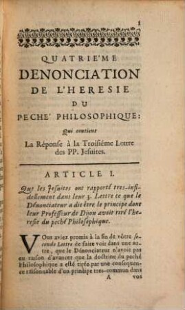 ... Dénonciation De La Nouvelle Héresie Du Peché Philosophique, 4. Qui contient La Réponse á la Troisième Lettre des PP. Jesuites