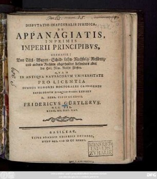 Dispvtatio Inavgvralis Ivridica, De Appanagiatis, Inprimis Imperii Principibvs