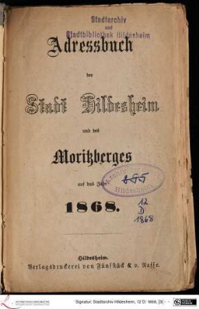 1868: [1868] Adressbuch der Stadt Hildesheim und des Moritzberges : auf das Jahr 1868