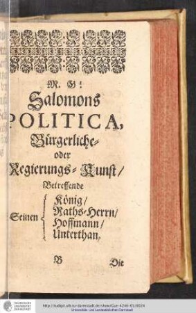 Salomons POLITICA, Bürgerliche- oder Regierungs-Kunst