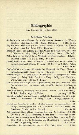 Bibliographie vom 16. Juni bis 31. Juli 1883.