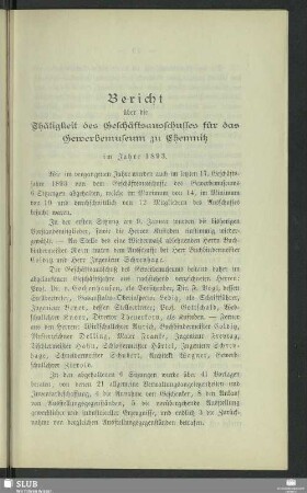 Bericht über die Thätigkeit des Geschäftsausschusses für das Gewerbemuseum zu Chemnitz im Jahre 1893