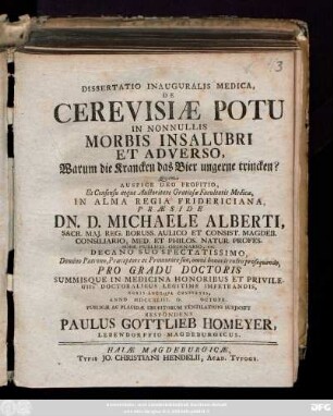 Dissertatio Inauguralis Medica, De Cerevisiae Potu In Nonnullis Morbis Insalubri Et Adverso