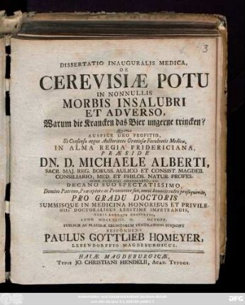 Dissertatio Inauguralis Medica, De Cerevisiae Potu In Nonnullis Morbis Insalubri Et Adverso